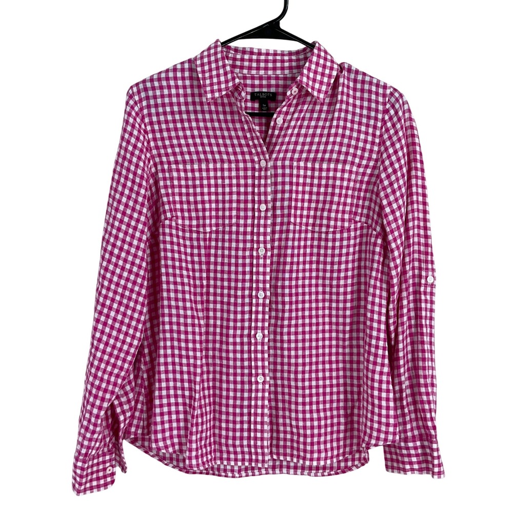 Talbots Petites Pink White Gingham 100% Linen Button Down Shirt Sz S Breathable